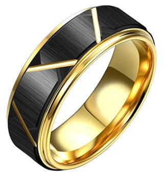 Bishilin Ring Herren Personalisiert, Ringe Wolfram 8MM Matt Gestreift Bandring Ring Größe 49 (15.6), Partnerringe Hochzeit Ring Nickelfrei Schwarz Gold