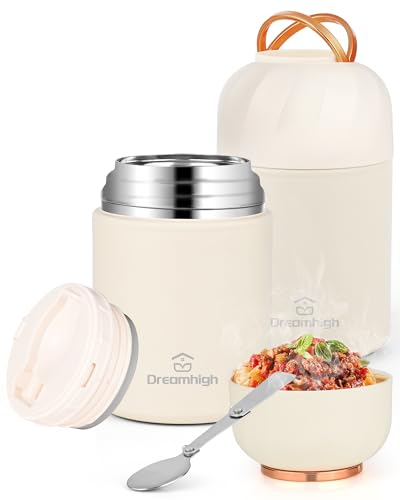 Dreamhigh® Termo Comida Caliente 850 ml, Recipiente Térmico para Comida con Asa, Frasco Acero Inoxidable fiambrera termica con Cuchara Plegable, para sopa, pasta (Blanco)