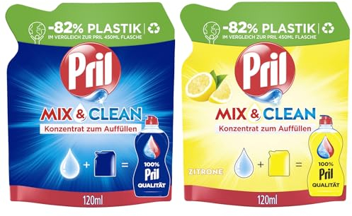 PRIL Original Konzentrat Mix & Clean-Set 1x Original & 1x Zitrone, Handgeschirrspülmittel-Set mit höchster Fettlösekraft, für sauberes Geschirr auch in kaltem Wasser, 2x 120ml