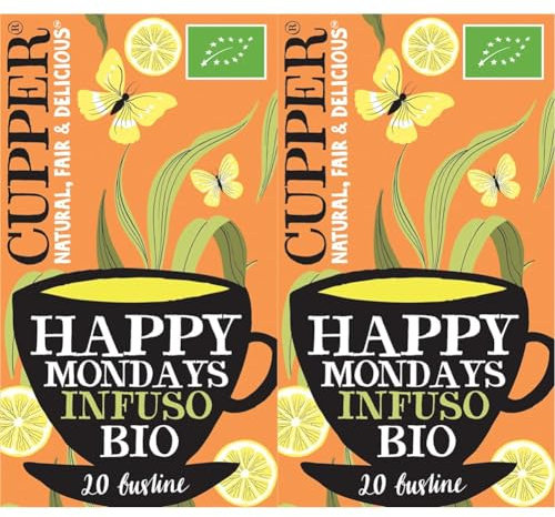 CUPPER Happy Mondays Infuso Biologico con Limone, Zenzero e Pepe Nero, Tisana Energizzante con Ingredienti Naturali, Gusto Speziato, Filtri 100% Biodegradabili, Confezione da 40 Bustine