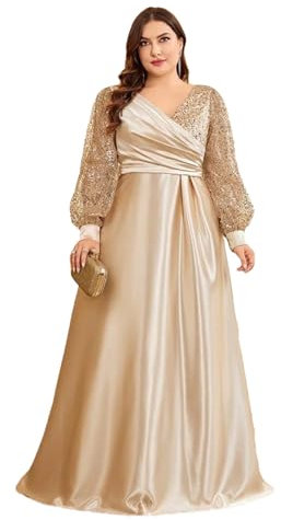 Women V-Neck Sequin Evening Dress Elegant Long Sleeve Cocktail Party Maxi Dresses Prom Gown Champagne S