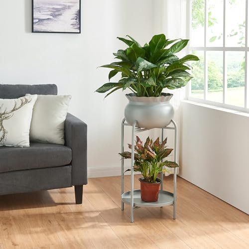 [en.casa] Porte-plantes Style Intemporel avec Cache-Pot Support de Plantes pour Intérieur Étagère à Fleurs pour Salon Chambre Métal 60 x 27 x 27 cm Gris