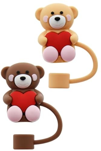 Sndperiexam 2pcs Bear Love Straw Cap Straw Cover Cap for Stanley Cup, Heart-shaped Straw Topper Compatible with 30&40 Oz Tumbler with Handle,10mm 0.4in Straw Tips Lids Lover Couple Fun Gifts, Brown