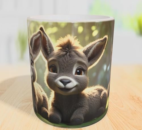Wunderschöne Kaffeetasse (330ml) mit süßen kleinen Esel Fohlen Personalisierbar Tasse Becher Druck Mug Fotorealistisch süß Geschenk Kinder niedlich Geburtstag Fohlen Tiere