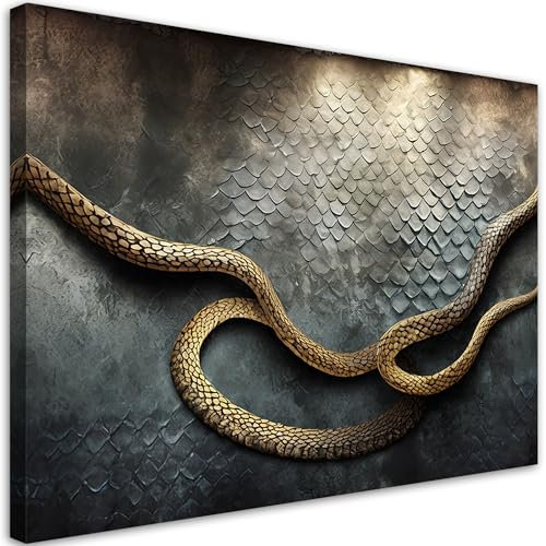 Feeby Viles - Leinwand Bilder - Goldene Schlange 3D - 120x80 cm - Deko Wohnzimmer - Wandbilder Schlafzimmer - Deko Aesthetic - Wand Deko - Leinwand Groß - Deko Zimmer - Leinwandbilder XXL