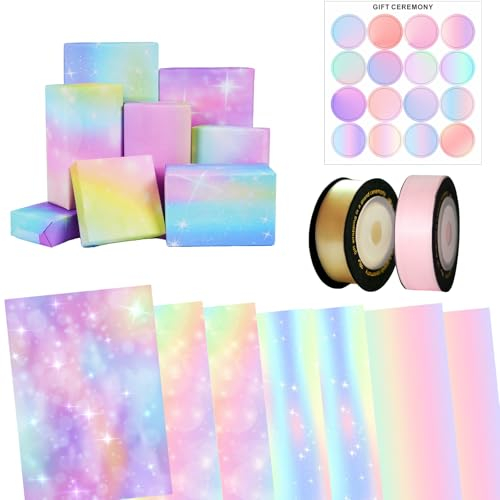 7 Blätter Rosa Lila Geburtstagspapier Geschenkpapier Farbverlauf Rosa Lila Geschenkpapier Farbverlauf Rosa Lila Geschenkverpackung Set mit 2 Rollen Farbband 16 Stück Geschenkaufkleber