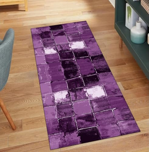 QQrunner Teppich Läufer Flur rutschfest Abstrakt, 90x220CM Teppichläufer Lang Waschbar Lila Meterware Korridor Polyester Wohnzimmer Schlafzimmer