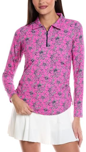 IBKUL Athleisure Wear Sun Protective UPF 50+ Icefil Cooling Diana Print Adjustable Length Long Sleeve Polo - 48930 Hot Pink/Navy/Diana/M