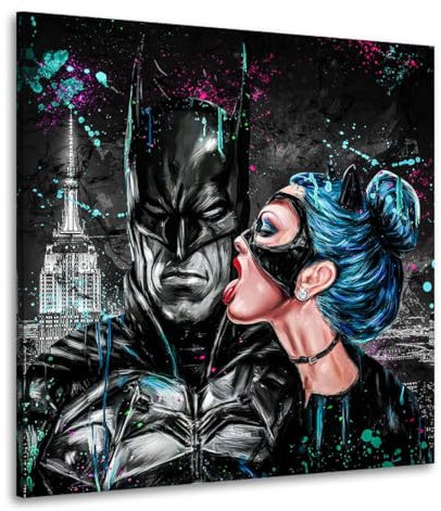 Kunstgestalten24 | Batman Catwoman Abstrakt Leinwand-Bild | Leinwandbild mit Echtholz-Keilrahmen | Wandbild Gemälde Kunst Art | Hochwertige Kunstdrucke | XXL Bilder auf Leinwand