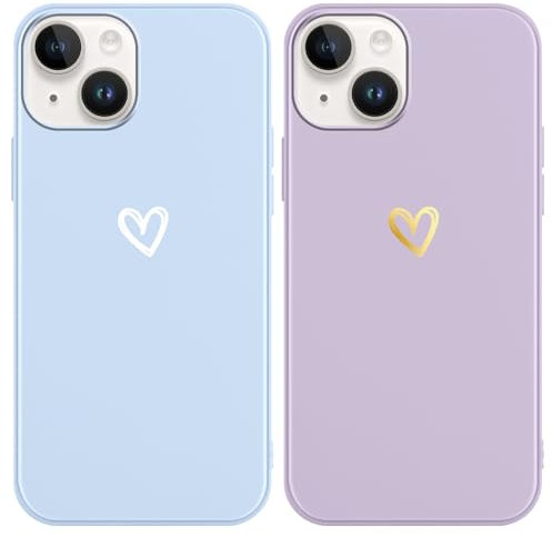 Yoedge 2 Pack Purple Blue Heart Phone Case for iPhone 14/iPhone 13 6.1,Soft TPU Silicone with Love Aesthetics Pattern,Shockproof Bumper Protector Matte Cover for Girls Women,for iPhone 14