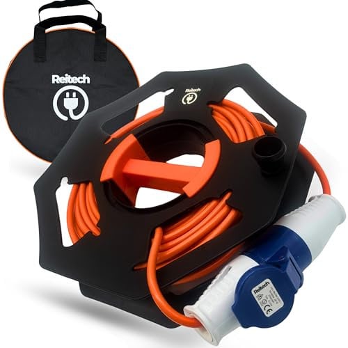Camping Caravan Hook Up Cable with Cable Tidy Reel & Cable Bag – 25m/15m 16A 240V Outdoor Mains Extension Lead – Heavy Duty Camping & Caravan Accessories