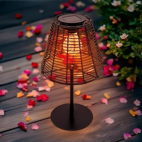 Spetebo Solar Tischleuchte in Rattan Optik schwarz mit LED Glühbirne - 33 x 20 cm - Gartenlampe warm weiß - Tischlampe Dekoleuchte Solarleuchte Gartenlicht Garten Deko Beleuchtung Balkon Terrasse