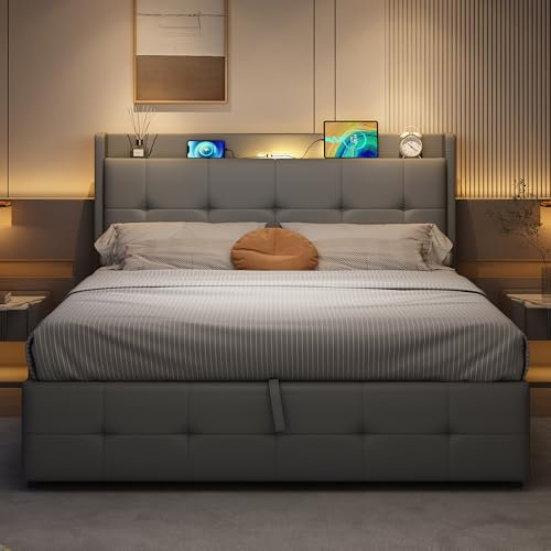 Upholstered Ottoman Storage Bed with Hydraulic Lever and Concealed Storage Headboard, 4ft6 Double Bed Frame with LED Night Light & Charging Station, Gas Lift Up Functional Beds, PU, No Mattress, Grey