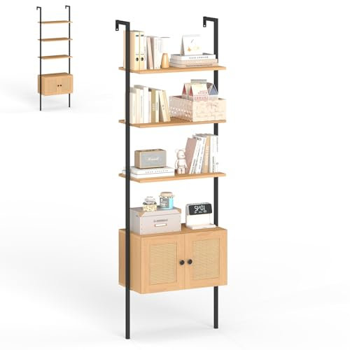 HOMASIS Estantería Escalera en Pared de 5 Niveles, Biblioteca Estrecha de Ratan con Puertas, Almacenamiento de Exposición para Libros, Cocina, Salón, Dormitorio, Oficina (Natural, 60 x 31,5 x 184 cm)