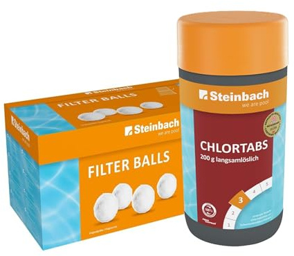 Steinbach Poolpflege-Set | Chlortabs (200g) 1 kg & Filter Balls 700 g | Schockchlorung & Wasserdesinfektion | Filterbälle ersetzt Filtersand | kristallklares Poolwasser ohne Rückstände
