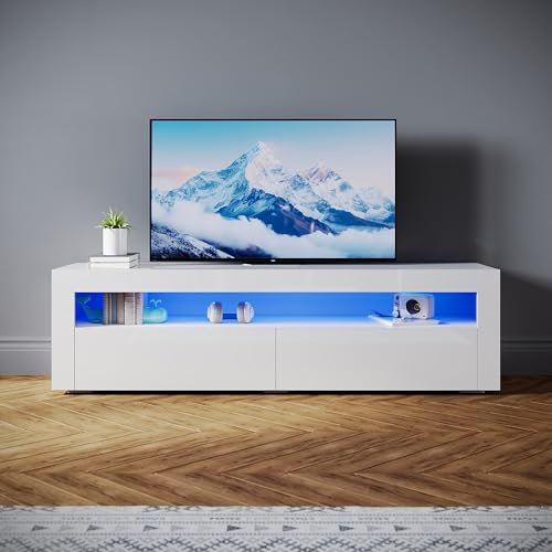 SONNI Lowboard Modern 160cm, TV-Schrank Hochglanz Weiß mit 16 Farben LED-Beleuchtung, 2 Schubladen, 2 Türen für Fernseher bis 65 Zoll, Fernsehtisch für Wohnzimmer & Schlafzimmer, 160x40x45cm.