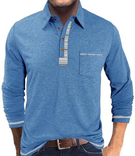 LAOARA Mens Polo Shirts Long Sleeve Top Casual T Shirt Button Lightweight Fashion Tshirts with Pocket M-3XL