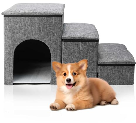 Dog Stairs with Storage and Adjustable Steps,Foldable Pet Stairs | with Storage Box and Condo, for Couch/Bed, Folding Non-Slip Dog Ramp for Puppy, Cats, or Small Dog