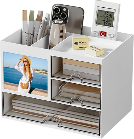 Ambesty Schreibtisch Organizer,Büro Organizer, Stiftehalter Schreibtisch mit 4 Fächer 4 Schubladen, Multifunktionaler Organizer Schreibtisch für Büro Zuhause Schule Weiß