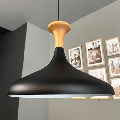 bamyum Champion-Kork Pendelleuchte aus Holz, 35 cm Hängelampe Metall E27 Moderne Lampe, Skandinavisch Pendellampe für Schlafzimmer Wohnzimmer Küche Esstisch, Küchenlampe Hängend Schwarz