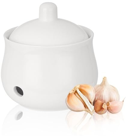 Simaixing Ceramic Garlic Keeper for Counter, Garlic Holder Storage Jar with Lid, Vented Ginger Potato and Onion Storage Containers for Kitchen Countertop Decor (White)