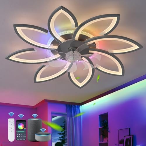 QINGYING RGB Blume Deckenventilator Mit Beleuchtung Alexa-kompatibel, Veränderbare Farbe Leise Ventilator Mit Licht 6 Gang Reversibel Und Dimmbar Lampe Ventilator Für Schlafzimmer Wohnzimmer, Schwarz