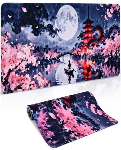 Japanese Mouse Pad XXL Gaming Desk Mat for Keyboard, Mouse & Office | 900×400mm, Cherry Blossom & Mount Fuji Design, Non-Slip Rubber Base, Stitched Edges, Smooth Surface, Easy Clean