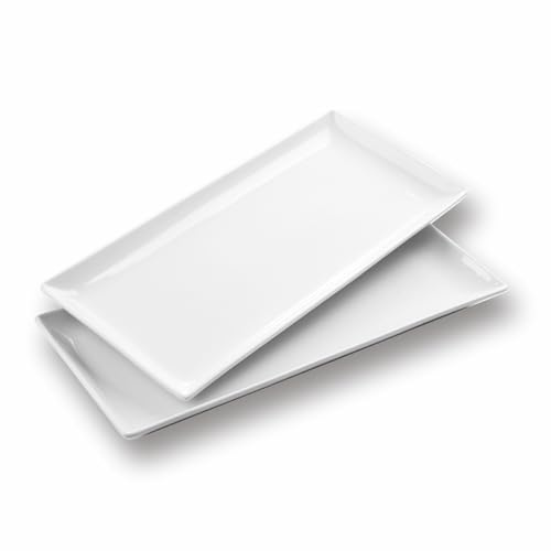 WishDeco Servierplatte Groß 2er Set, Servierteller Porzellan 40x19 cm | Kuchenplatte Rechteckig, Teller Länglich, Fleischplatte Keramik für Fisch, Dessert, Party