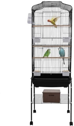 Vogelkäfig groß, 47 x 37 x 137,5 cm, Vogelvoliere mit Rollen, Metall Voliere mit 4 Futternapf, Zuchtkäfig für Papageien, Nymphensittiche (Schwarz)