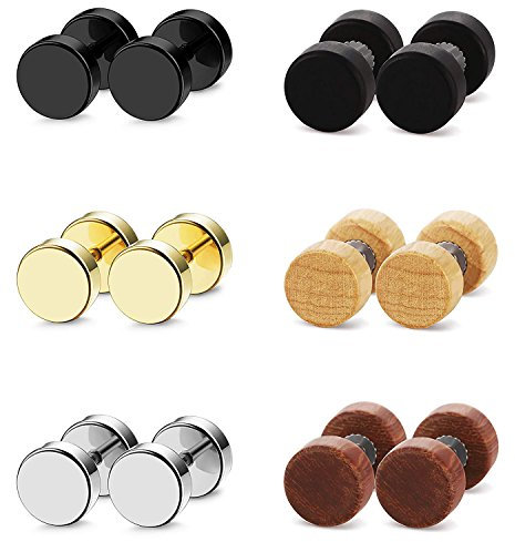 Unisex Rund Hantel 8mm Ohrringe Set Damen Piercing Ohr Herren Edelstahl Holz Cupimatch Ohrstecker