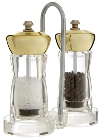 Premier Housewares Cody Salt and Pepper Mill Set with Stand, 2 Clear Manual Salt and Pepper Grinders, Gold Finish Metal Tops and Carry Handle, 16 cm
