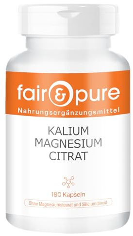 Fair & Pure Kalium Magnesium Citrat, 180 Kapseln, 900 mg/240 mg Tagesdosis, Nahrungsergänzungsmittel vegan ohne Magnesiumstearat, in Deutschland hergestellt
