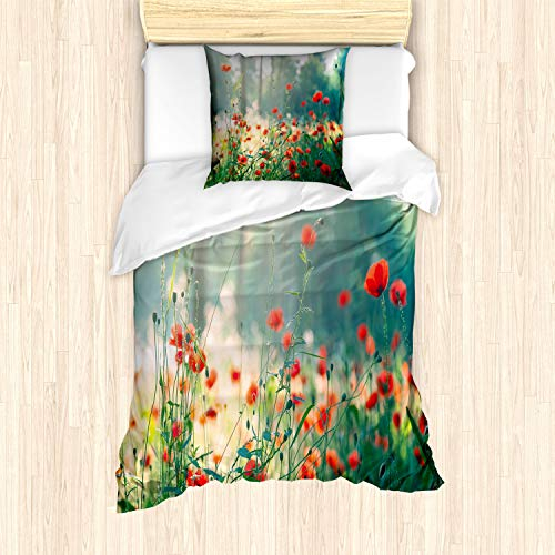 ABAKUHAUS Natur Bettbezug Set für Einzelbetten, Wild Red Mohnfeld, Milbensicher Allergiker geeignet mit Kissenbezug, Gelb