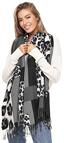 Glamexx24 Damen XXL Schal Kuscheliger warmer Leoparden Muster 3 farbiger Fransen Poncho Schal Oversized Deckenschal