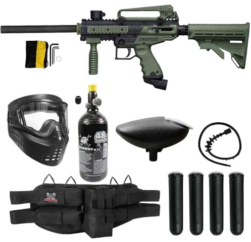 Maddog Tippmann Cronus Tactical Paintball Gun Marker and Silver HPA Accessory Starter Package | Comes with Marker, Anti-Fog Mask, Hopper, Harness, Pods, & 48CI HPA Tank - Black/Olive