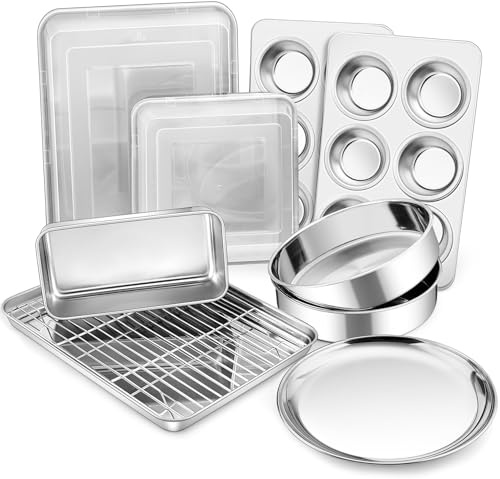 12-teiliges Edelstahl-Backformen-Set, P&P Chef Küchen-Backgeschirr-Set, inklusive Backblech mit Gestell, runde/quadratische Kuchenform, Lasagne-Pfanne, Pizzablech und 2 Abdeckungen, langlebig