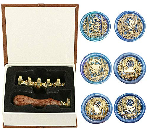 Wachs-Siegelstempel-Kit, ANBOSE-Sternen-Tierwachs-Siegelstempel-Set mit 6 abnehmbaren Messingköpfen und 1 Holzgriff, Retro Vintage Drachen-Meerjungfrau-Schwan Kolibri-Katzenwal-Siegelwachsstempel für