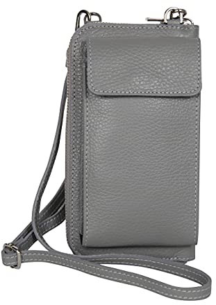 AmbraModa GLX21 - multifunktionale Damen Handytasche, Umhängetasche, Geldbörse aus echtem Leder, geeignet für Handys bis 6,5 Zoll (Grau)