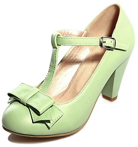 MJIASIAWA Mujer T Strap Tacón Alto Mary Jane Closed Toe Pump Lovely Tacón Embudo Fiesta Bows Boda Bride Pump Verde Talla 31 EU