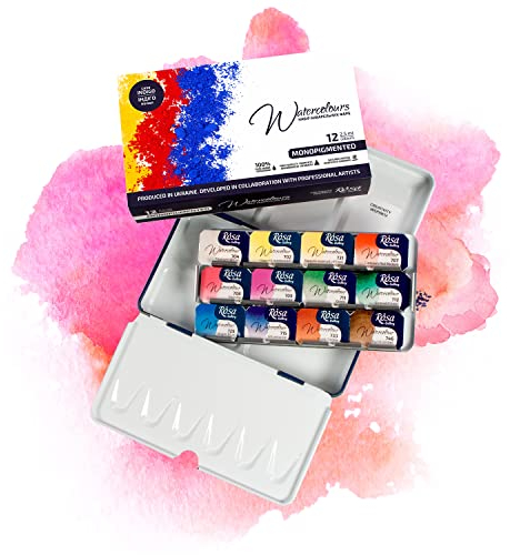 7 Artists Monopigment Aquarellfarben Rosa Gallery Set – 12 x Näpfchen Lebendige Farben, Hochwertige Künstler-Aquarell im Mehrzweck-Metallkasten mit Mischpalette, Künstler Aquarellkasten