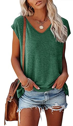 FANGJIN Women's Summer T-Shirts Ladies Short Sleeve V Neck Tops Fluffy Blouses Lightweight Womens Casual and Loose Fashion T Shirts Green Size M