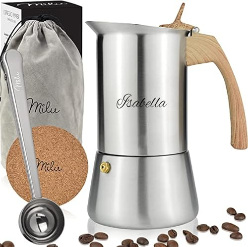 Milu Caffettiera Induzione con incisione | 2, 4, 6, 9 Tazze | Caffettiera Espresso in Acciaio Inox, Adatta all'Induzione, Set comprendente sottobicchiere, cucchiaio (Aspetto legno, 4 tazze (200 ml)