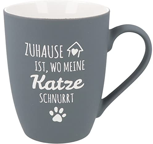 Spruchreif | Soft-Touch Tasse Grau Zuhause ist, wo meine Katze schnurrt – Beidseitig gravierte Tasse mit Katzenspruch | Liebevolles Geschenk für Katzenfreunde & Tierliebhaber