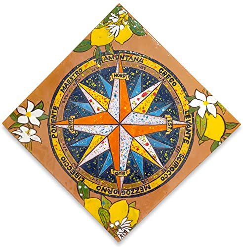 Rosa dei Venti Cuerda Seca Preziosa Mattonella artistica Dimensioni cm.33 x 33 Ceramica Handmade Le Ceramiche del Castello Nina Palomba Made in Italy (Limoni)
