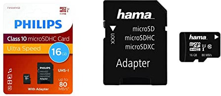 Philips Ultra Speed microSDHC Card 16GB + SD Adapter UHS-I U1 Reads up to 80MB/s A1 Fast App & Hama microSDHC 16GB Class 10 UHS-I 80MB/s Karte inkl. SD Adapter