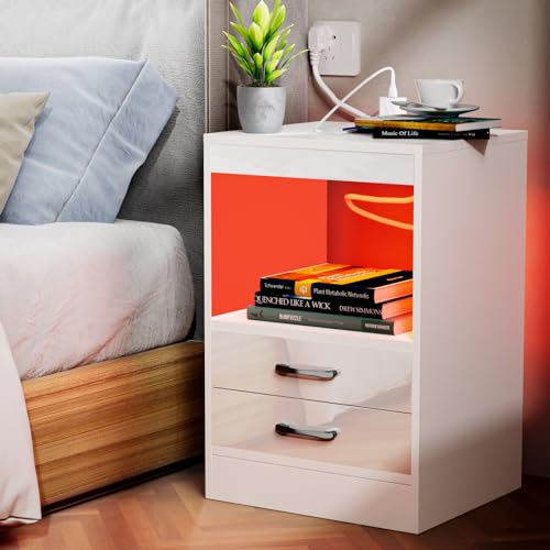 HaodaCulture Mesita de Noche Led, 16 Colores, Mesitas de Noche Blancas Brillo, Mueble de Almacenamiento, Compartimento Abierto, Mesa de Noche, 3 cajones, para salón, Dormitorio, 40x35x60 cm