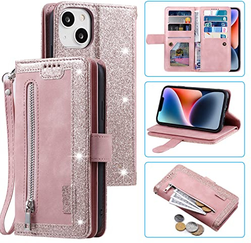 EYZUTAK Wallet Phone Case for iPhone 15 Plus, Retro Matte 9 Card Holder Slots Zipper Pocket Case PU Leather Magnetic Closure Kickstand with Wrist Strap Folio Flip Case - Rose Gold