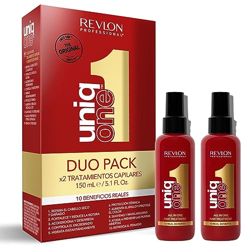 REVLON PROFESSIONAL UniqOne Duo Thermo-Haarschutz, feuchtigkeitsspendende Behandlung für Haarspray, ohne Aufhellen, klassischer Duft, 2 x 150 ml
