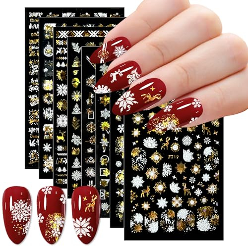 8 Blätter Nagelsticker Weihnachten,Selbstklebende Nagelaufkleber, Nail Art Decals Design DIY Dekoration,Weihnachtsmann Schneemann Rentier Nail Art Sticker,für Frauen Mädchen Kinder(Gold und Weiß)