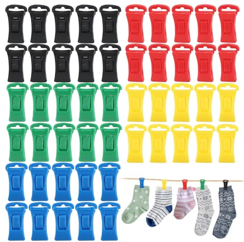 FENGQQKJ Sockenklammer, 100 Stück, 5 Farben (Rot, Blau, Schwarz, Grün, Gelb), Kunststoff, Plastik, für Socken, Handtücher, Unterwäsche & mehr